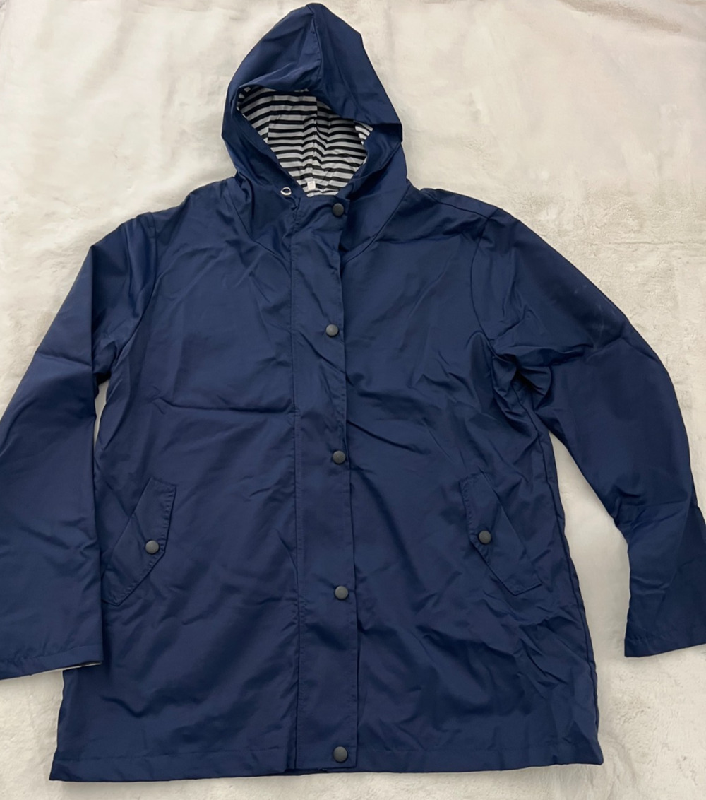 Women’s Navy Blue Hooded Rain Jacket Size Small Snap Front Lightweight Coat